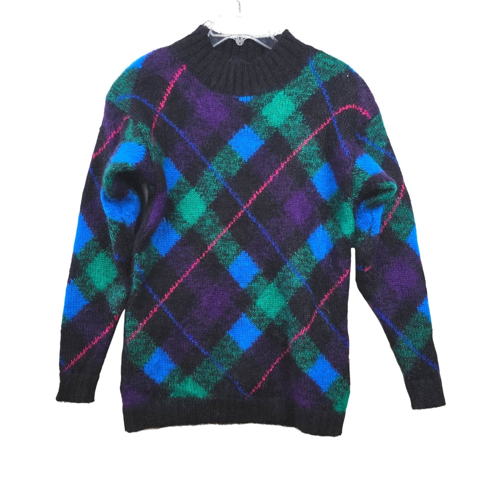 Vintage 80s Mohair Argyle Sweater M Black Purple Teal Oversized Preppy Rosanna